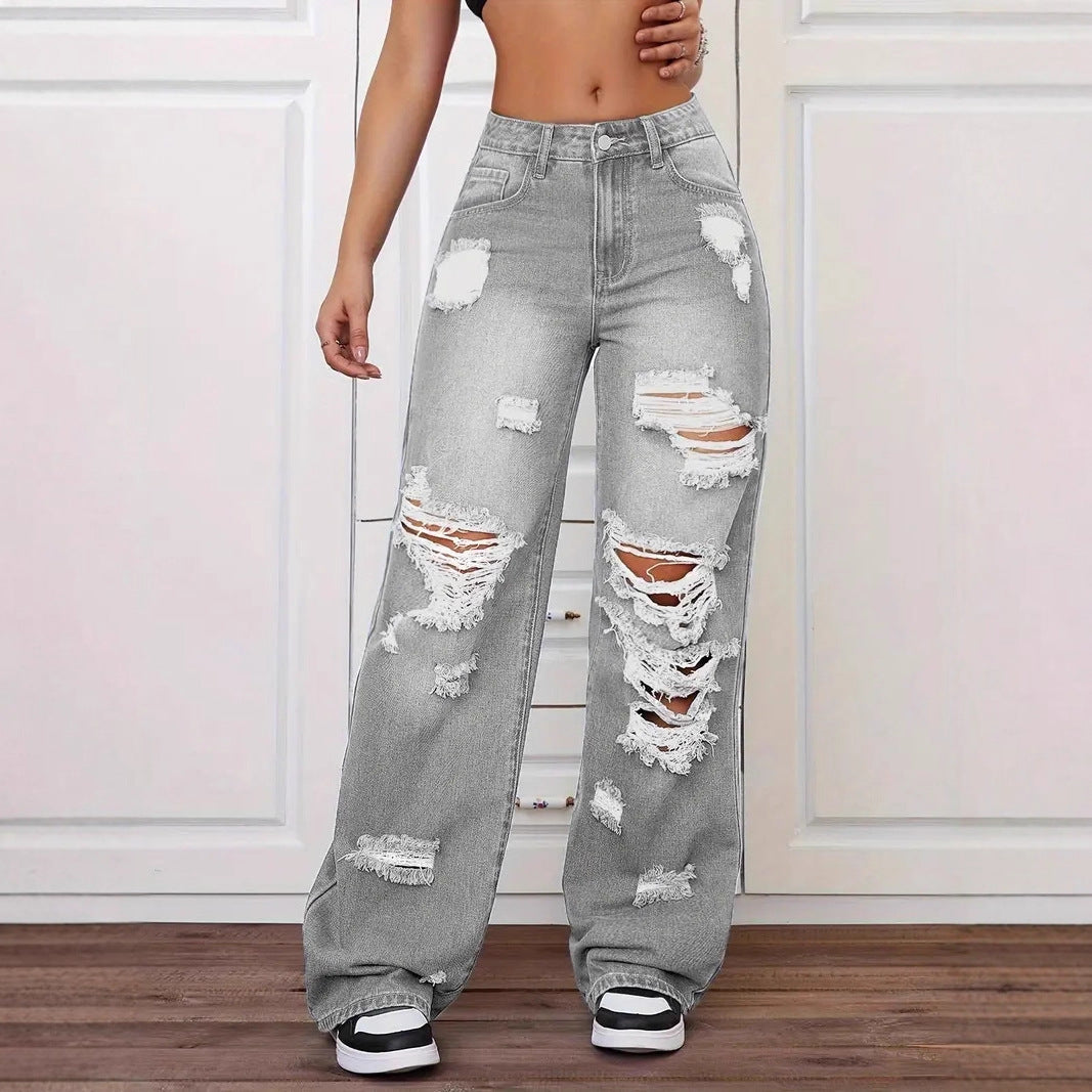 Women's Washed Ripped Straight Jeans