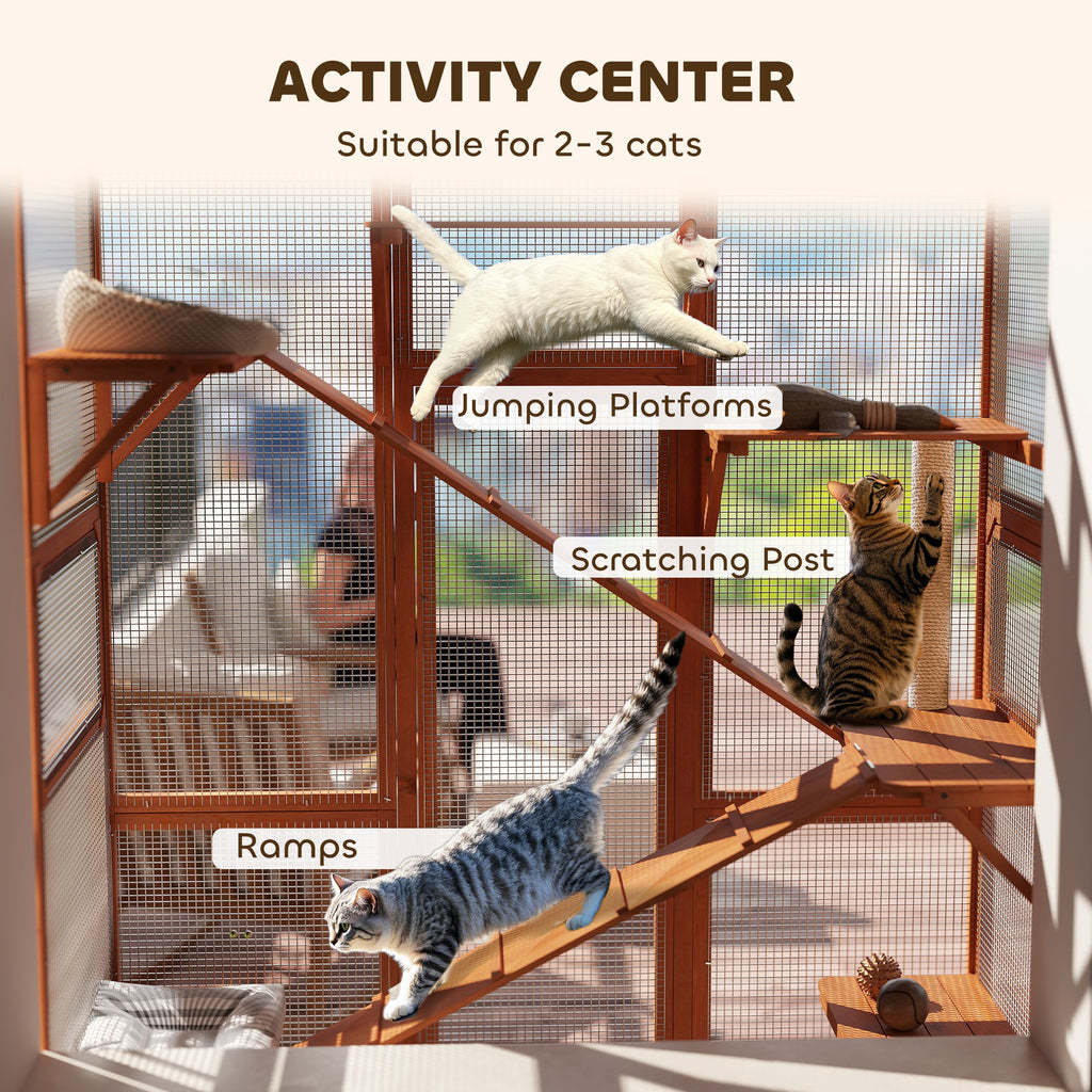 Outdoor Catio Cat Enclosure, Large Wooden Cat House with 6 Jumping Platforms, Scratching Post, 2 Ramps, for 2-3 Kittens