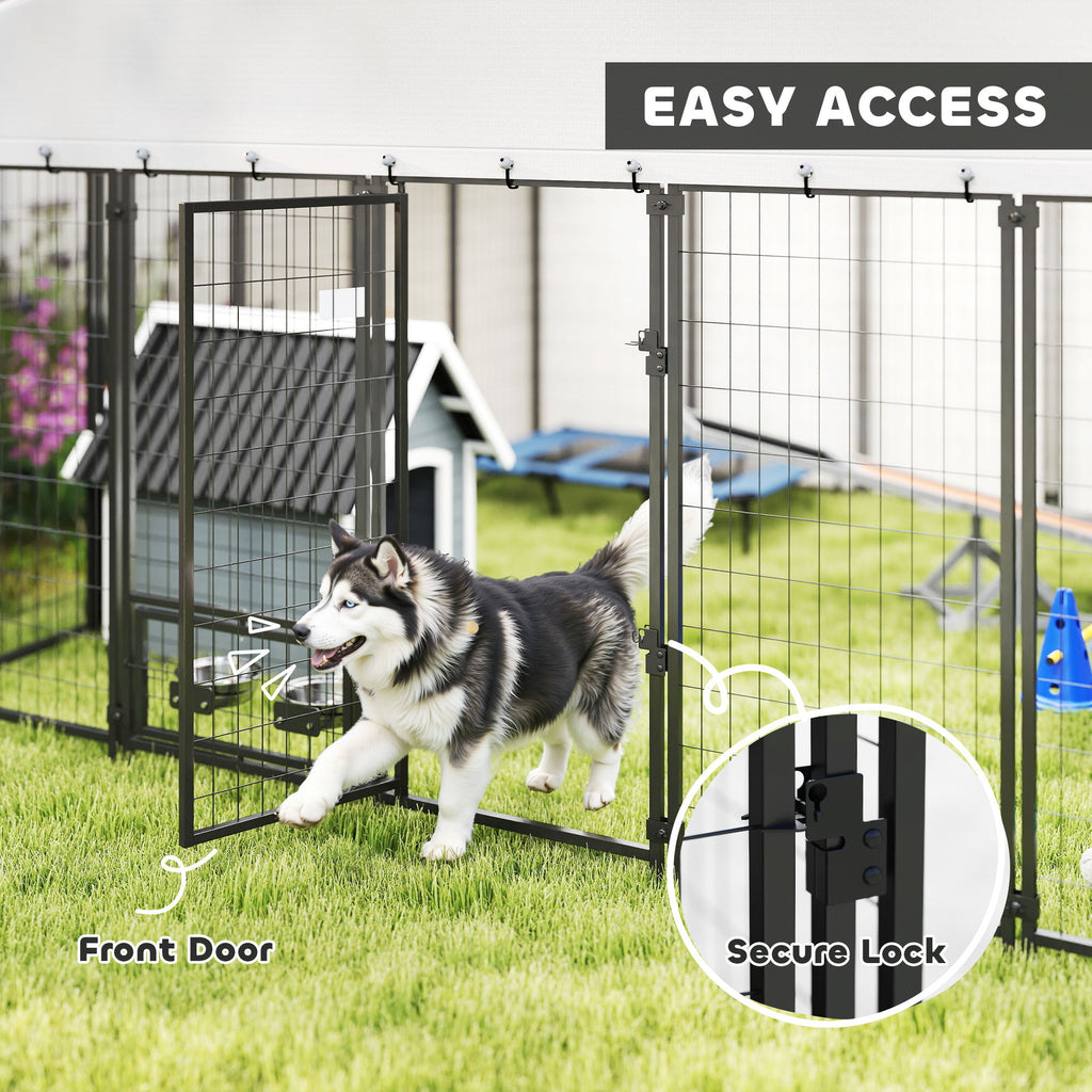 9.8' x 9.8' x 6' Outdoor Dog Kennel, Dog Kennel Outside Run with 360° Rotating Bowls, Waterproof & UV Resistant Cover