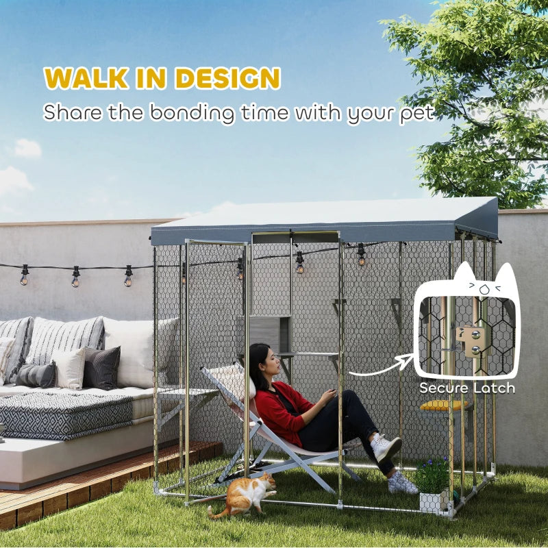 Galvanized Steel Large Catio With Waterproof Canopy, Sleeping Box, Jumping Platforms, For 1-3 Kittens, SilverMultiple Packages Shipped. Please Pay Attention To The Dimensions And Weight In The Details