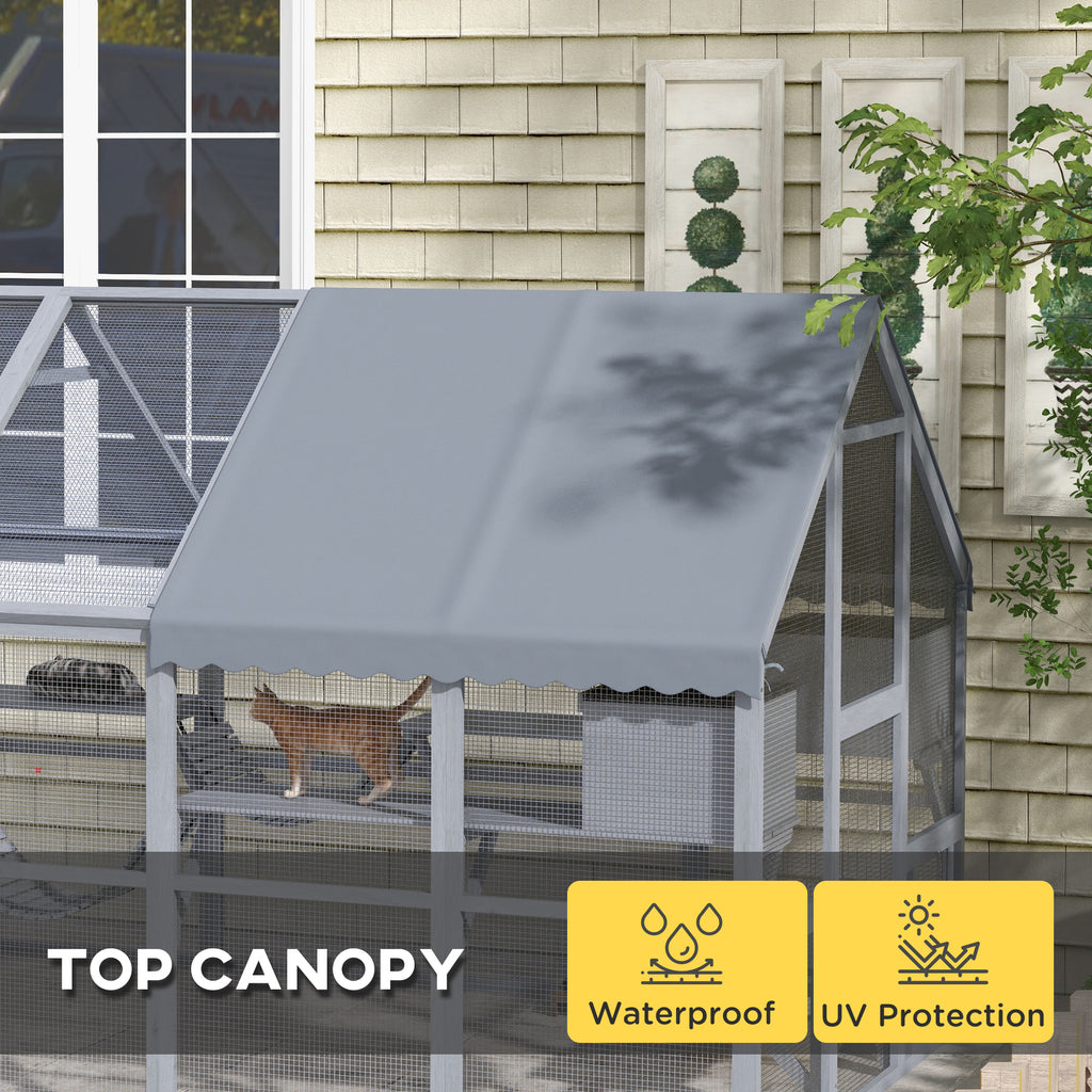 Wooden Catio Outdoor Cat Enclosure with Waterproof Cover, 2 Condos, 6 Platforms, Bridge, Doors, Gray