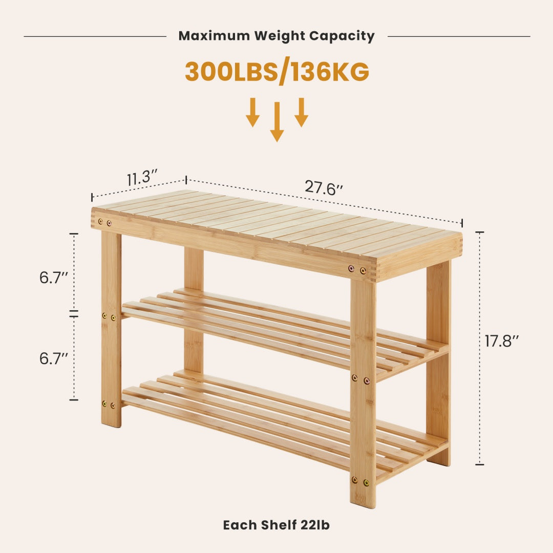 Three-tier Shoe Rack Bench, Bamboo Entrance Storage Organizer, Front Door Entrance Shoe Rack