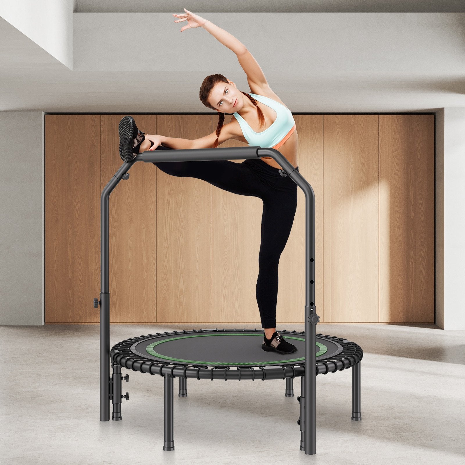 Foldable Mini Trampoline  40 Inch Fitness Rebounder  Max Load 330lbs Exercise Trampoline, Stable & Quiet Trampoline With 4 Level Height Adjustable Foam Handle, For Adults Indoor-Garden Workout
