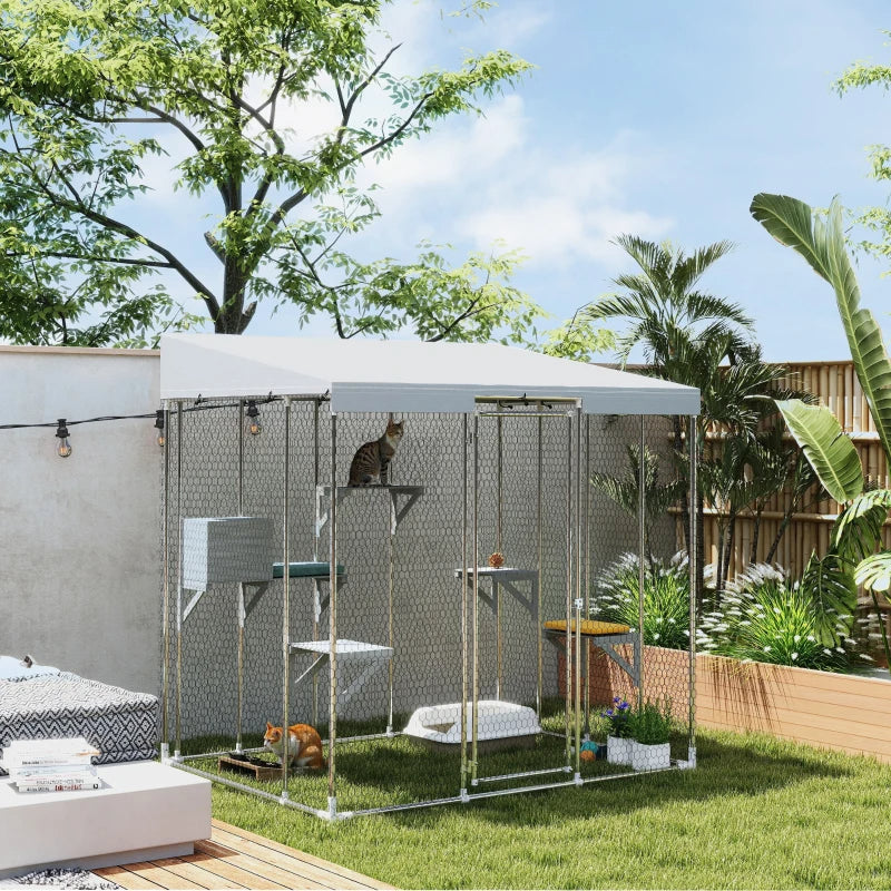 Galvanized Steel Large Catio With Waterproof Canopy, Sleeping Box, Jumping Platforms, For 1-3 Kittens, SilverMultiple Packages Shipped. Please Pay Attention To The Dimensions And Weight In The Details